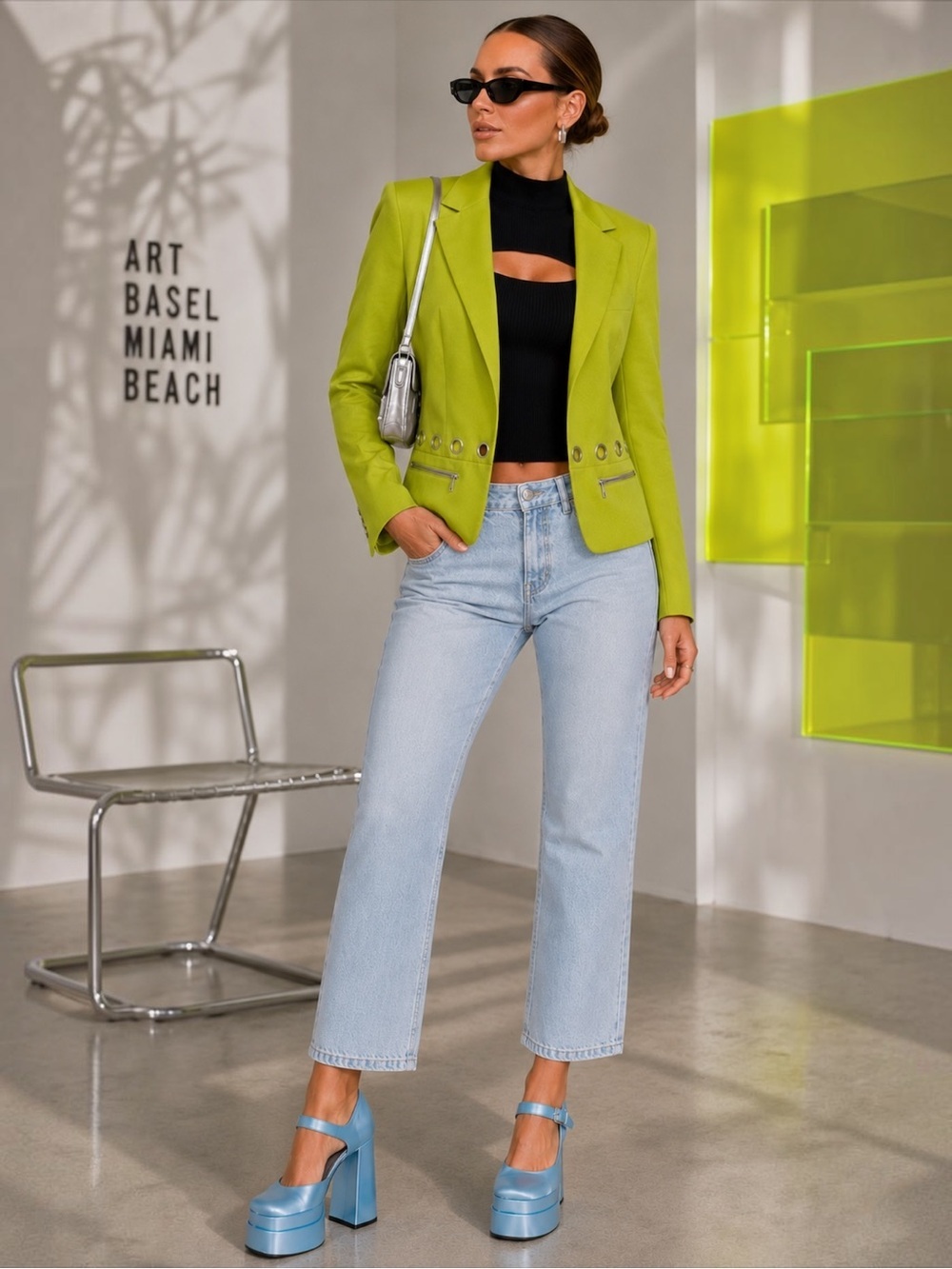 Vintage St. John Chartreuse Blazer Chrome Grommet Detail | Retro Mod Luxury - Picture 1 of 9